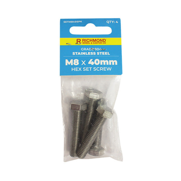 M8 x 40mm Stainless Steel Hex Set Screw - 4 Pack (SETM840SPK4) image 0