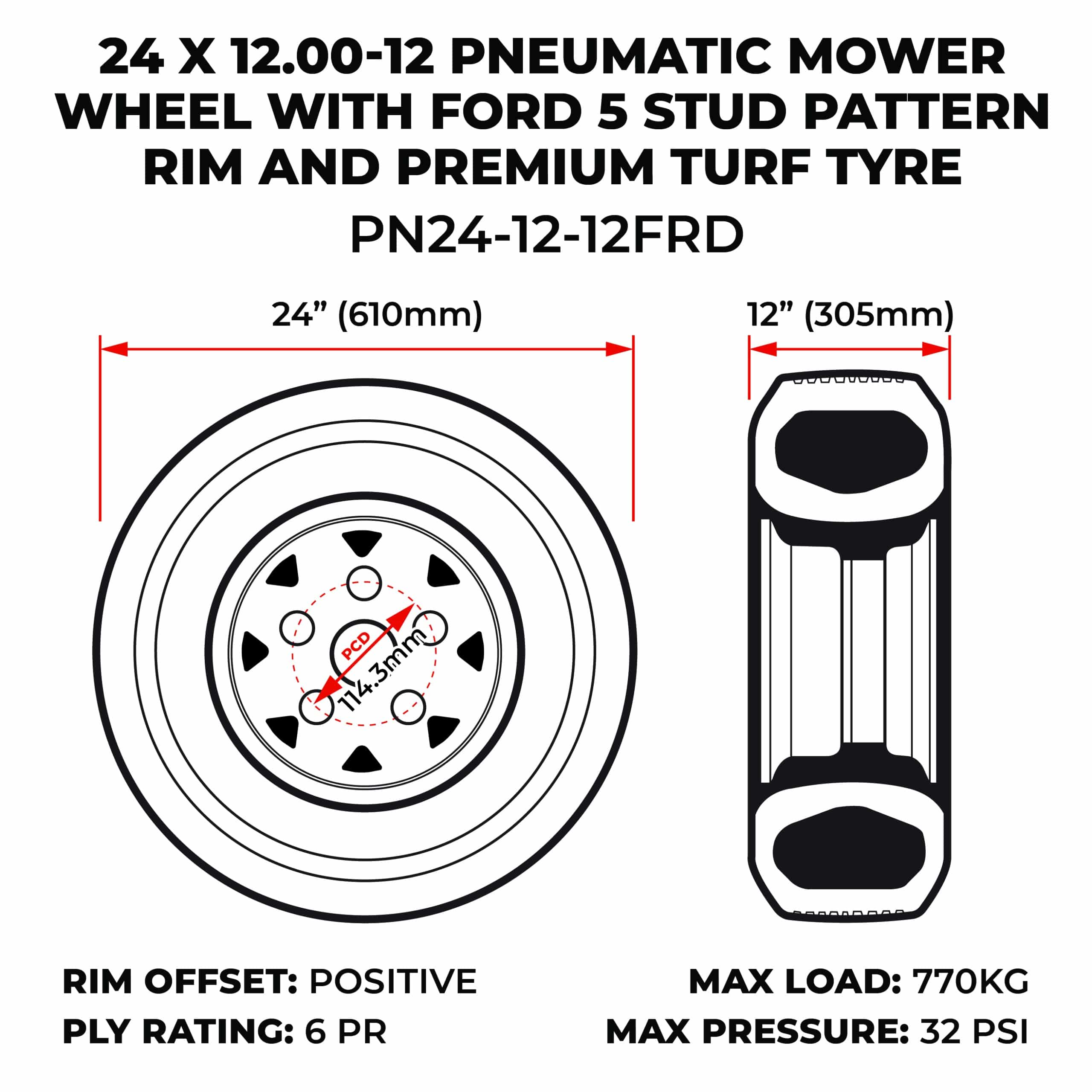 24 X 12.00-12 Pneumatic Mower Wheel With Ford 5 Stud Pattern Rim And Premium Turf Tyre (PN24-12-12FRD) image 1