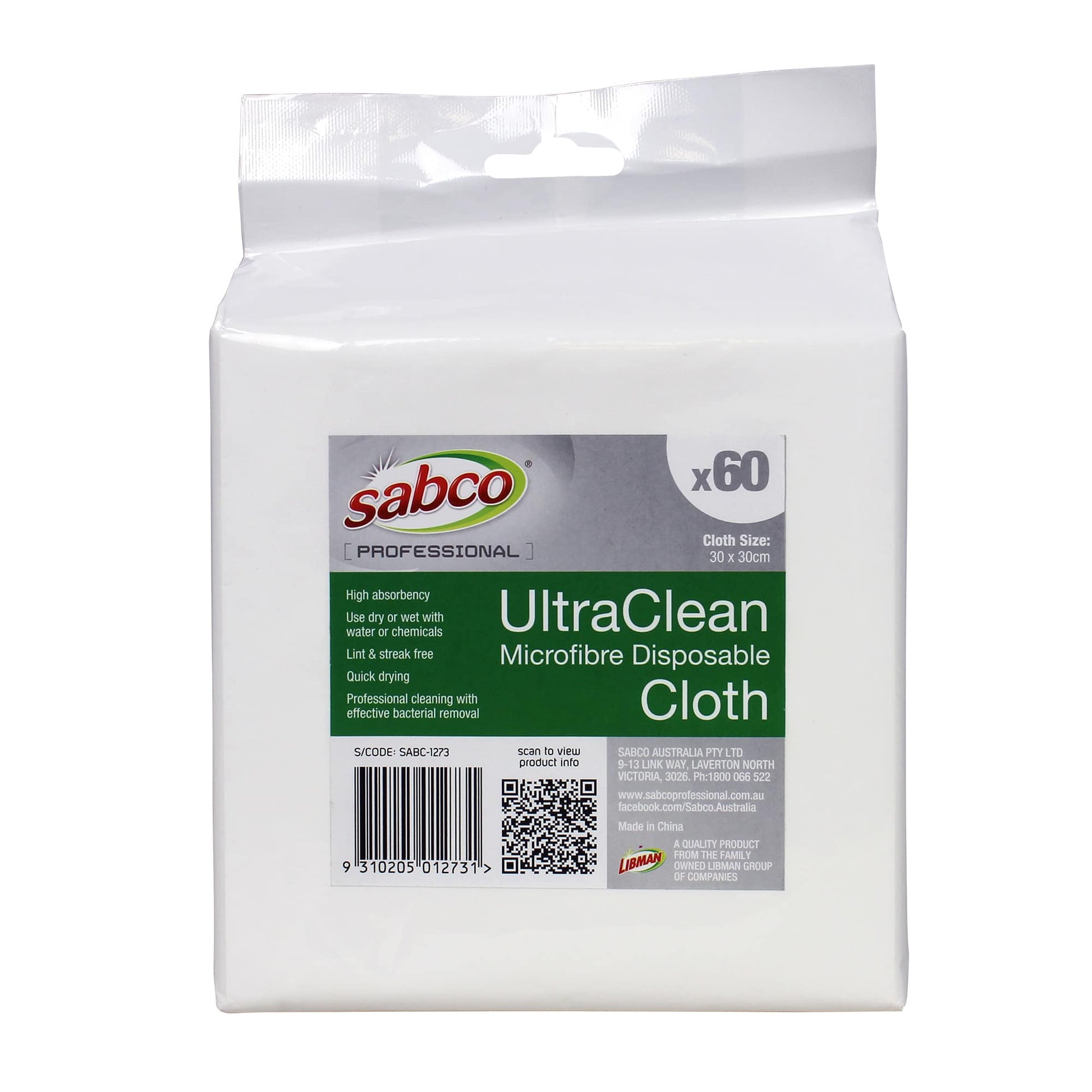 SABCO ULTRACLEAN DISPOSABLE MICROFIBRE CLOTH 30X30CM 60PK (SABC-1273) image 1