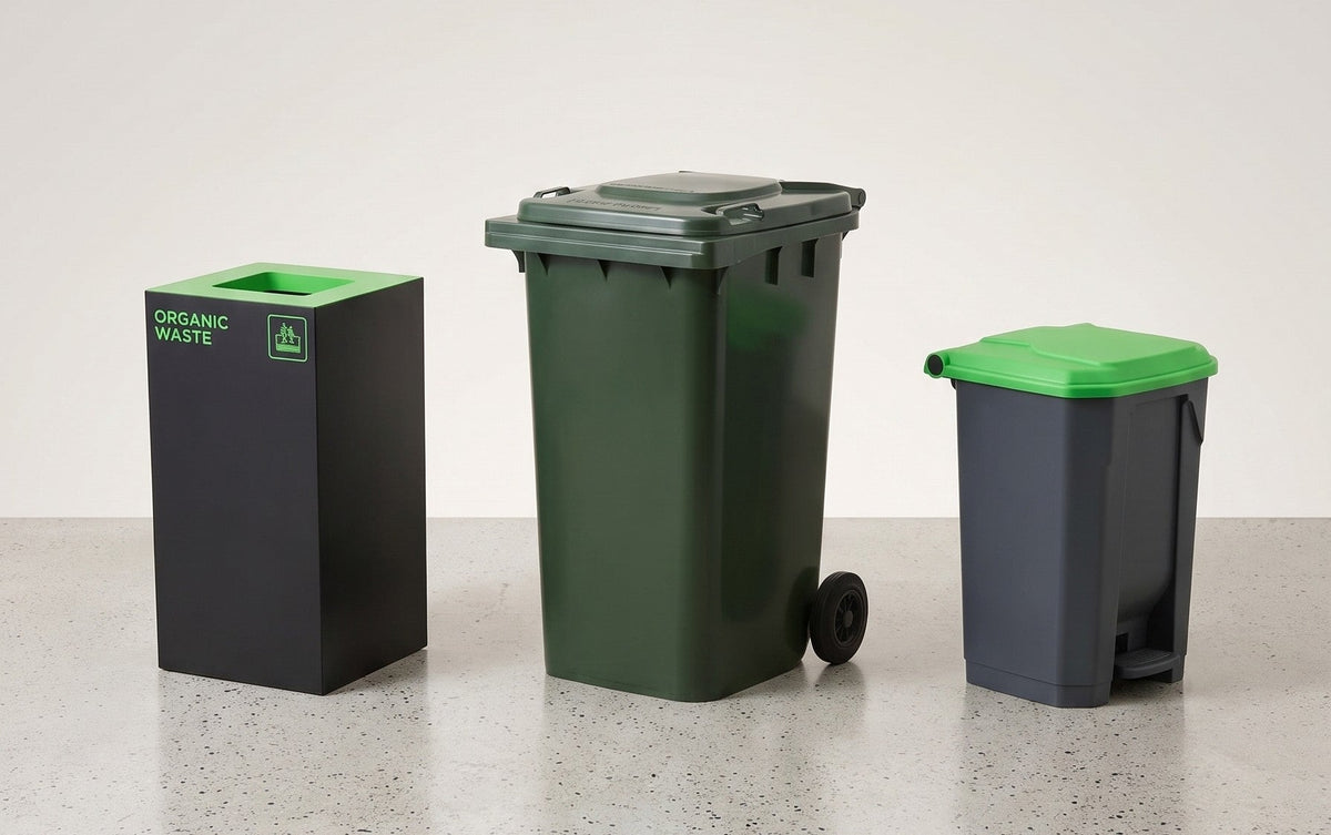 FOGO bins including pedal bin, wheelie bin and recycling station with food and garden organic waste