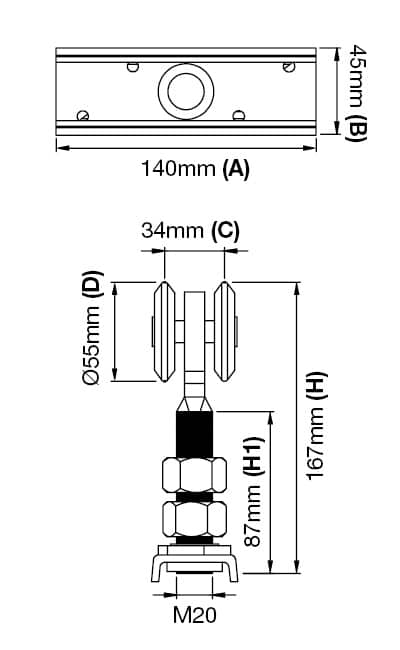 Hanging Gate 4 Wheel Nylon Roller Set to Suit 60mm Wide Channel (GTR195) image 1