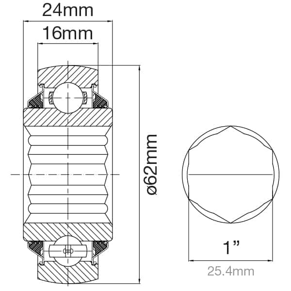 206KRRB6 Hex Bore Agricultural Bearing 1" x 24mm x 16mm image 1