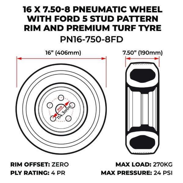 16 X 7.50-8 Pneumatic Wheel With Ford 5 Stud Pattern Rim And Premium Turf Tyre (PN16-750-8FD) image 1