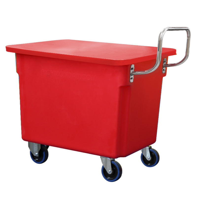 150L Red Mobile Plastic Tub Trolley with Lid & Stainless Steel Handle
