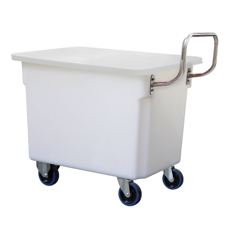 150L Natural Mobile Plastic Tub Trolley with Lid & Stainless Steel Handle