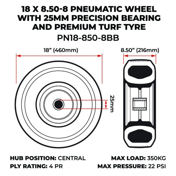 18 X 8.50-8 Pneumatic Wheel With 25mm Precision Bearing And Premium Turf Tyre (PN18-850-8BB) image 1