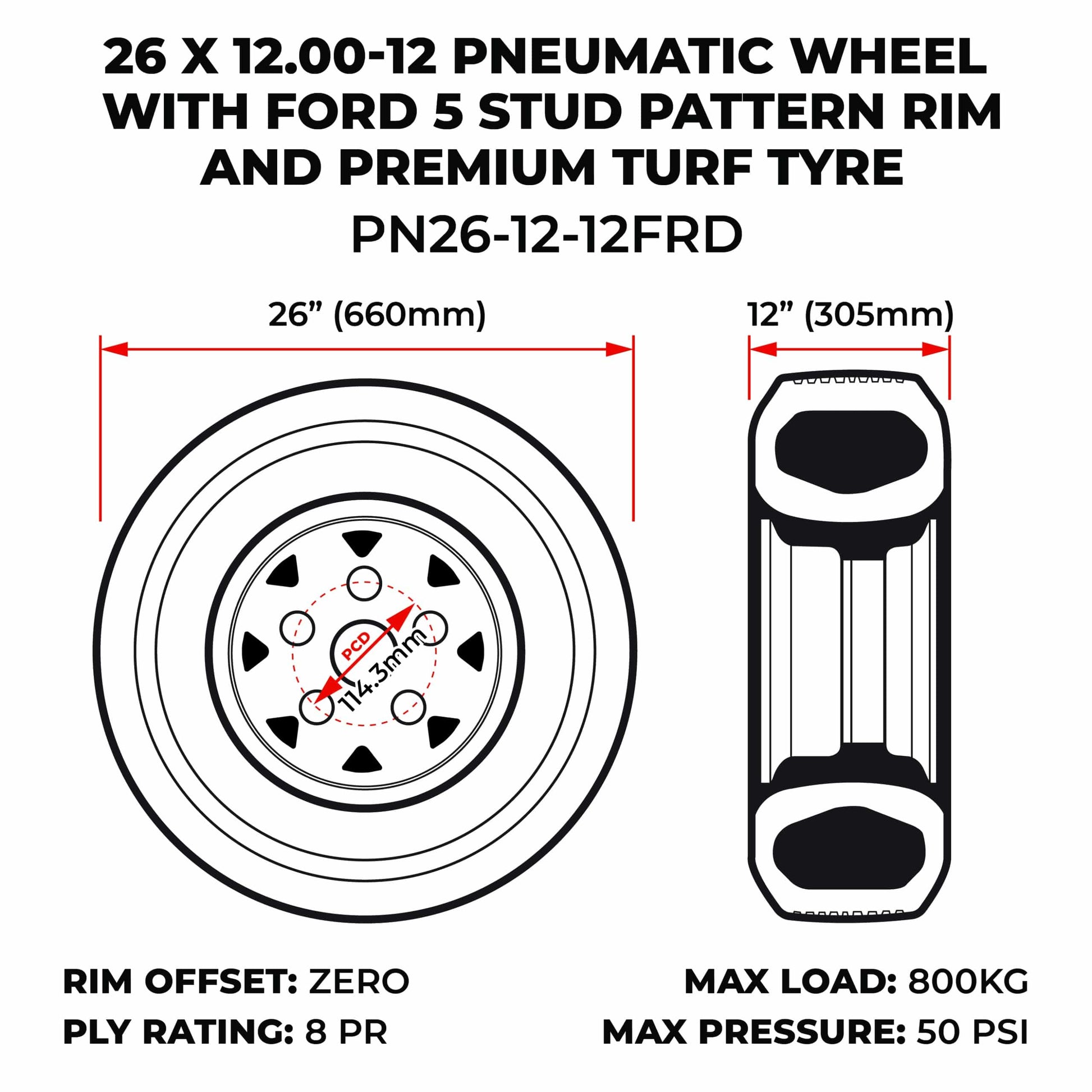 26 X 12.00-12 Pneumatic Wheel With Ford 5 Stud Pattern Rim And Premium Turf Tyre (PN26-12-12FRD) image 1