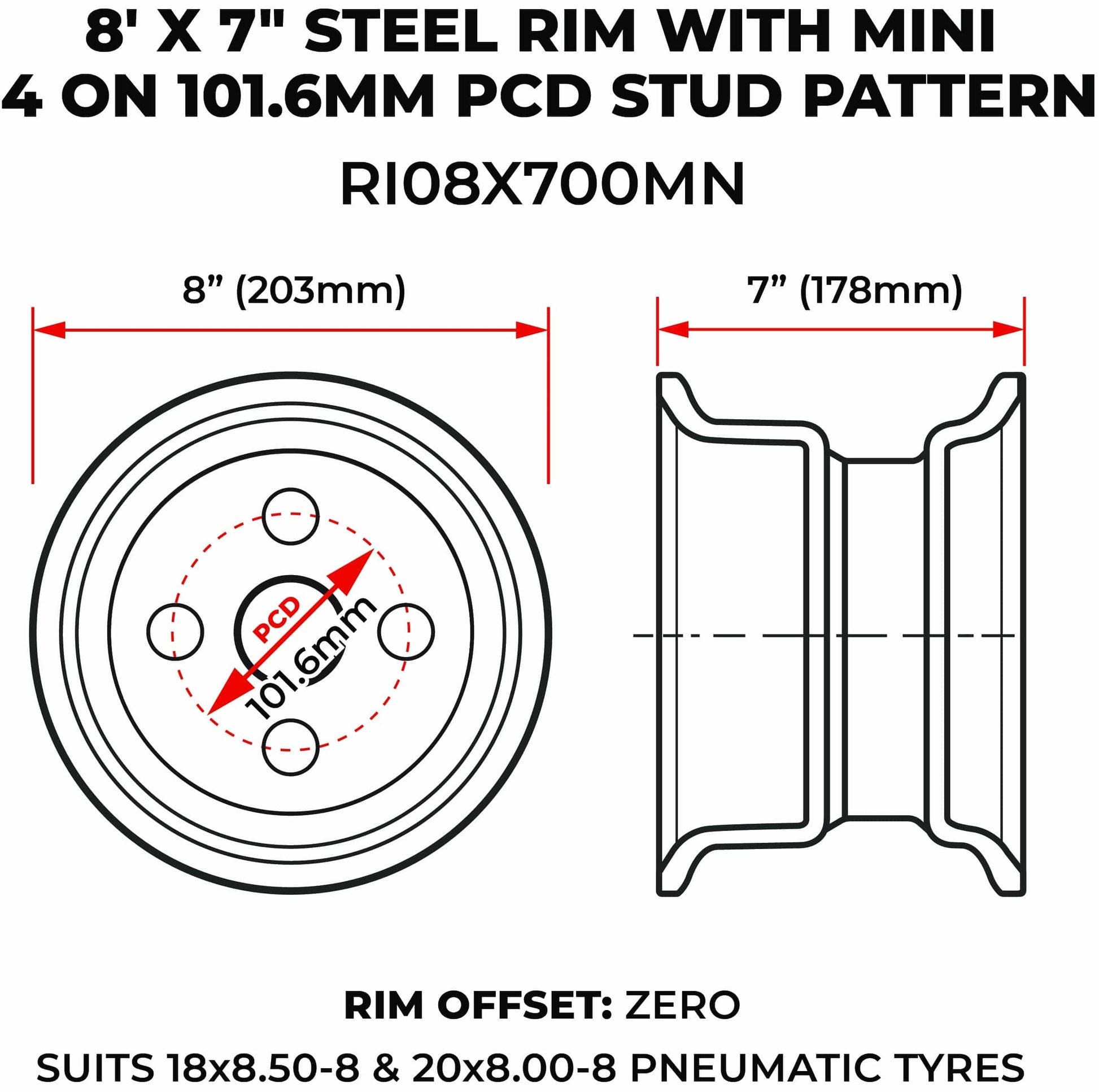 8' X 7" Steel Rim With Mini 4 On 101.6mm PCD Stud Pattern (RI08X700MN) image 1