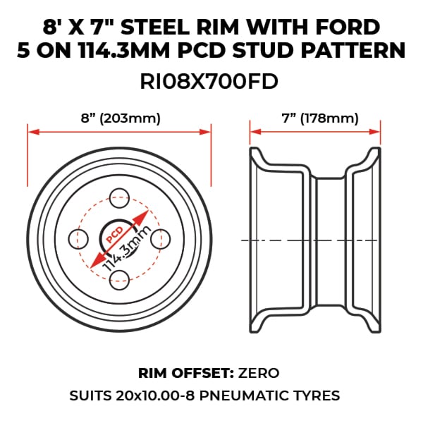 8' X 7" Steel Rim With Ford 5 On 114.3mm PCD Stud Pattern (RI08X700FD) image 1