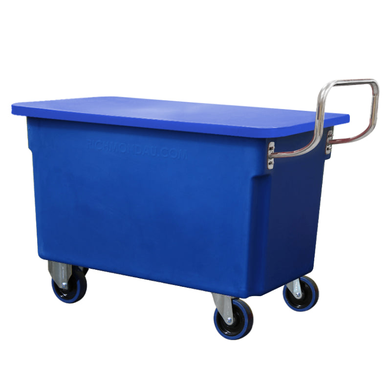250L Blue Mobile Plastic Tub Trolley with Lid & Stainless Steel Handle