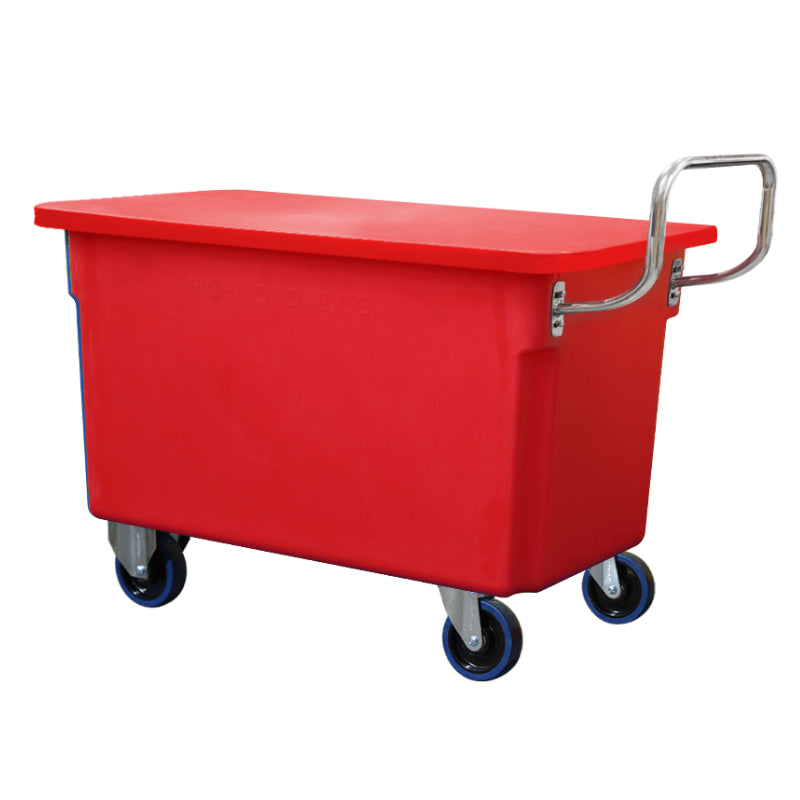 250L Red Mobile Plastic Tub Trolley with Lid & Stainless Steel Handle