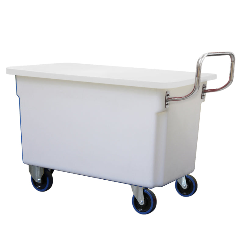 250L Natural Mobile Plastic Tub Trolley with Lid & Stainless Steel Handle