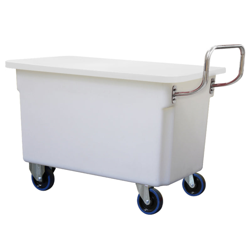 250L Natural Mobile Plastic Tub Trolley with Lid & Stainless Steel Handle