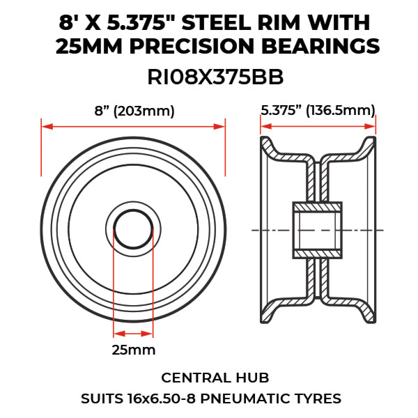 8' X 5.375" Steel Rim With 25mm Precision Bearings (RI08X375BB) image 1