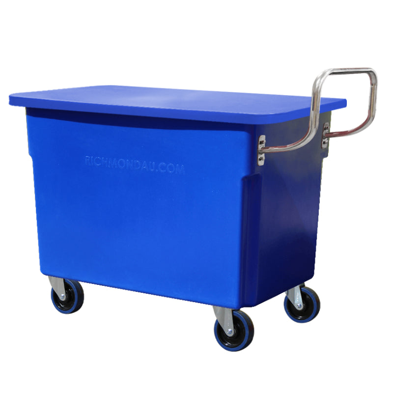 350L Blue Mobile Plastic Tub Trolley with Lid & Stainless Steel Handle