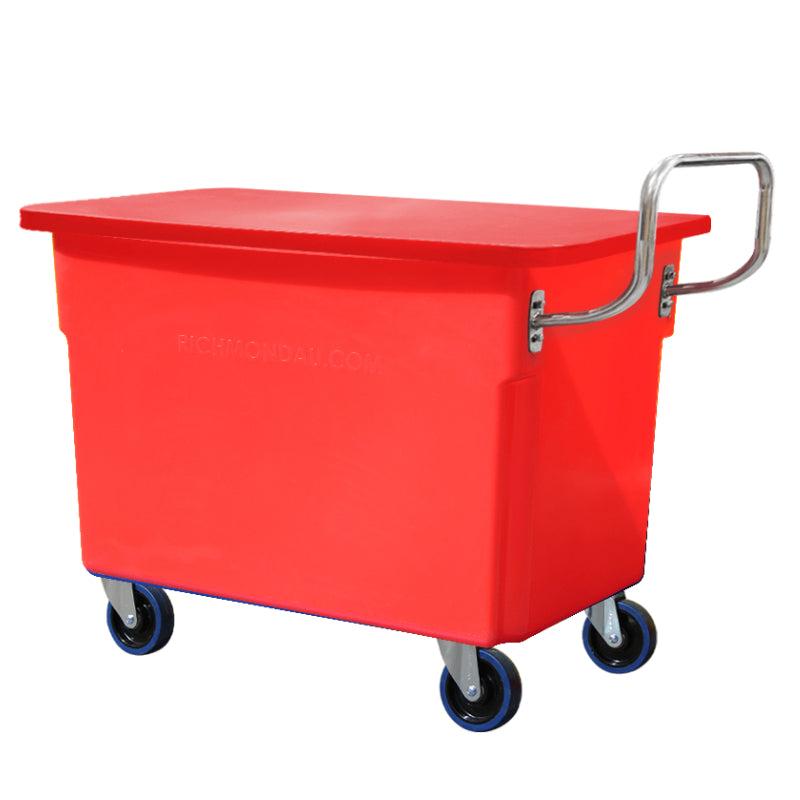 350L Red Mobile Plastic Tub Trolley with Lid & Stainless Steel Handle