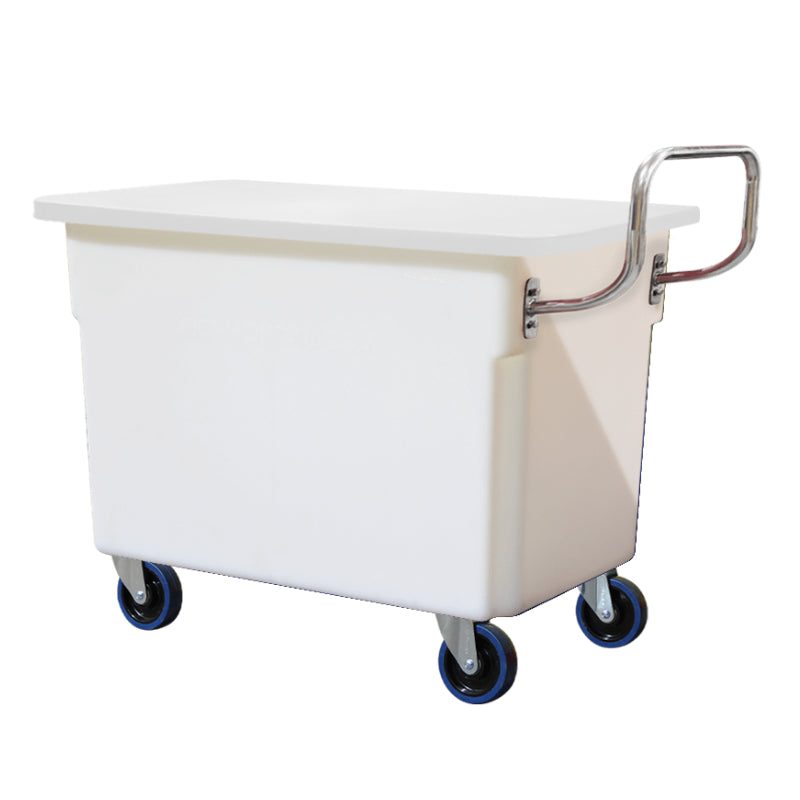 350L Natural Mobile Plastic Tub Trolley with Lid & Stainless Steel Handle