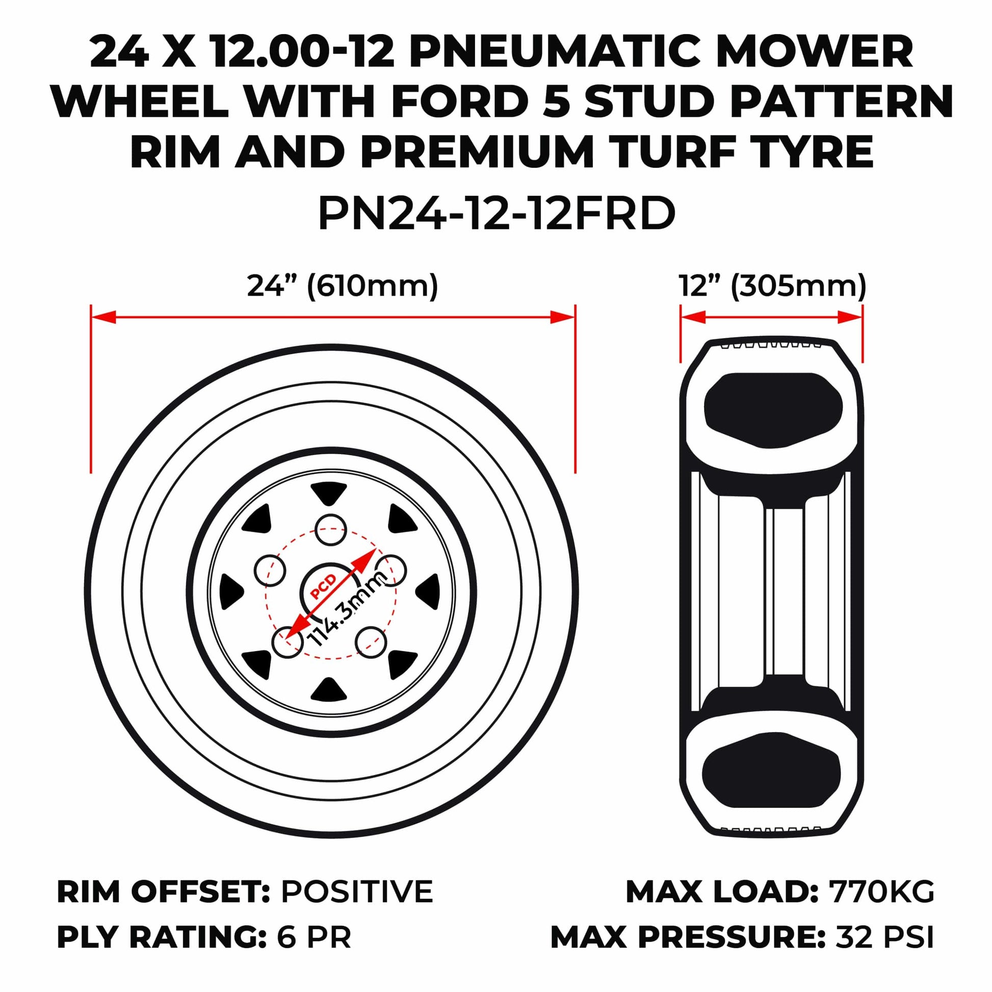 24 X 12.00-12 Pneumatic Mower Wheel With Ford 5 Stud Pattern Rim And Premium Turf Tyre (PN24-12-12FRD) image 1