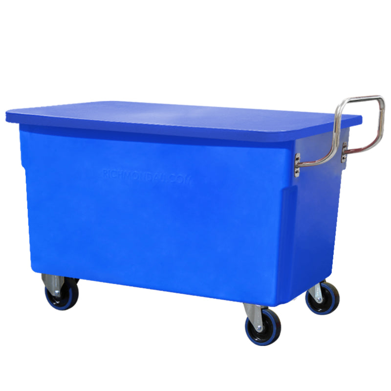 450L Blue Mobile Plastic Tub Trolley with Lid & Stainless Steel Handle