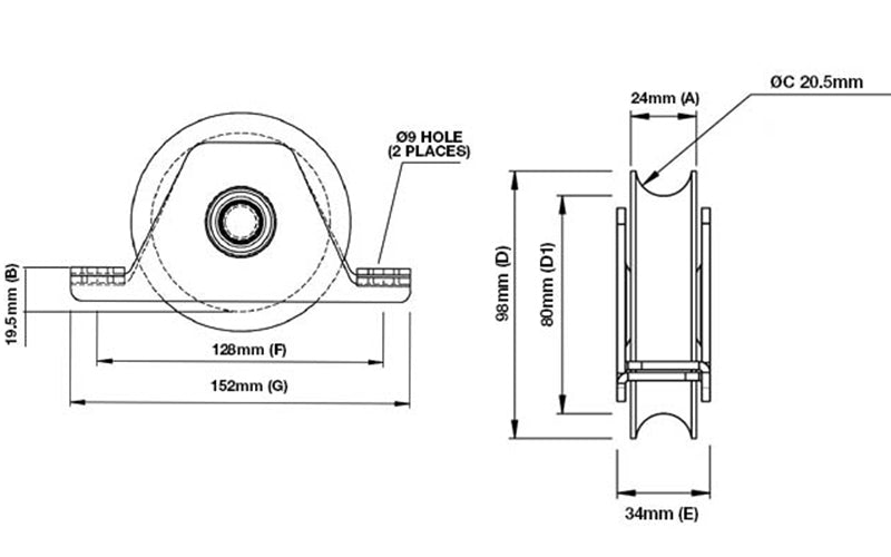 98mm Recessed Gate Track Wheel (GTR005) image 1
