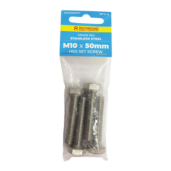 M10 x 50mm Stainless Steel Hex Set Screw - 4 Pack (SETM1050SPK4) image 0