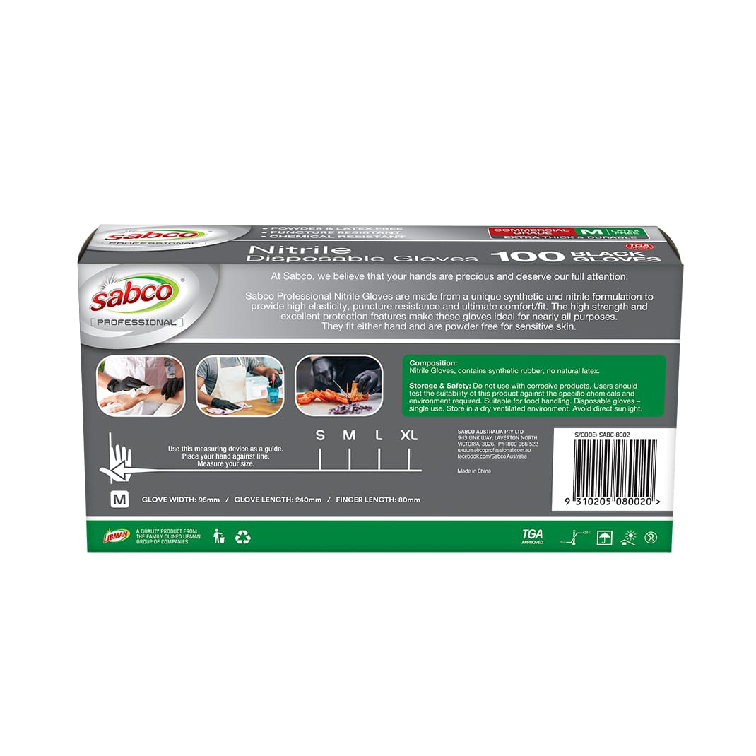 SABCO BLACK NITRILE GLOVES 100PK MED TGA ARTG ID 334715 (SABC-8002) image 1