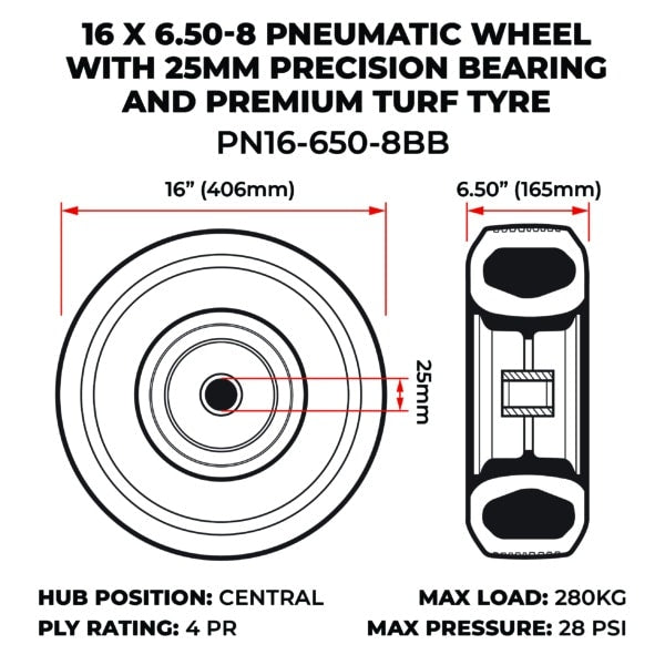 16 X 6.50-8 Pneumatic Wheel With 25mm Precision Bearing And Premium Turf Tyre (PN16-650-8BB) image 1