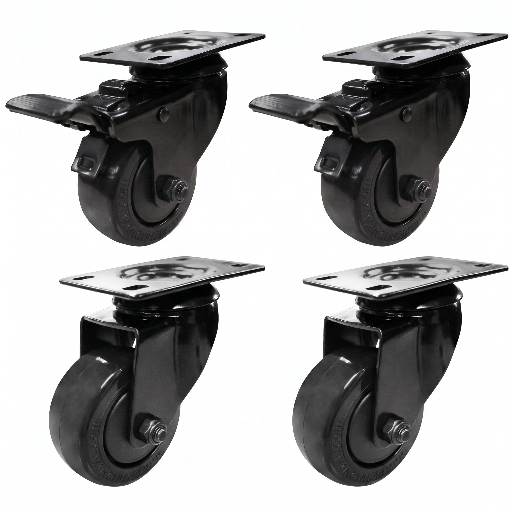 75mm Black Polyurethane Castor Pack - 2 Swivel + 2 Braked (S3398/S3398B)