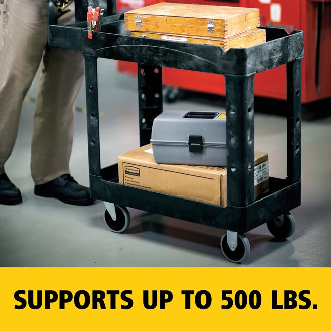 Rubbermaid Heavy Duty Ergo Handle Utility Cart 2 Shelf, Small, Black | FG450088BLA