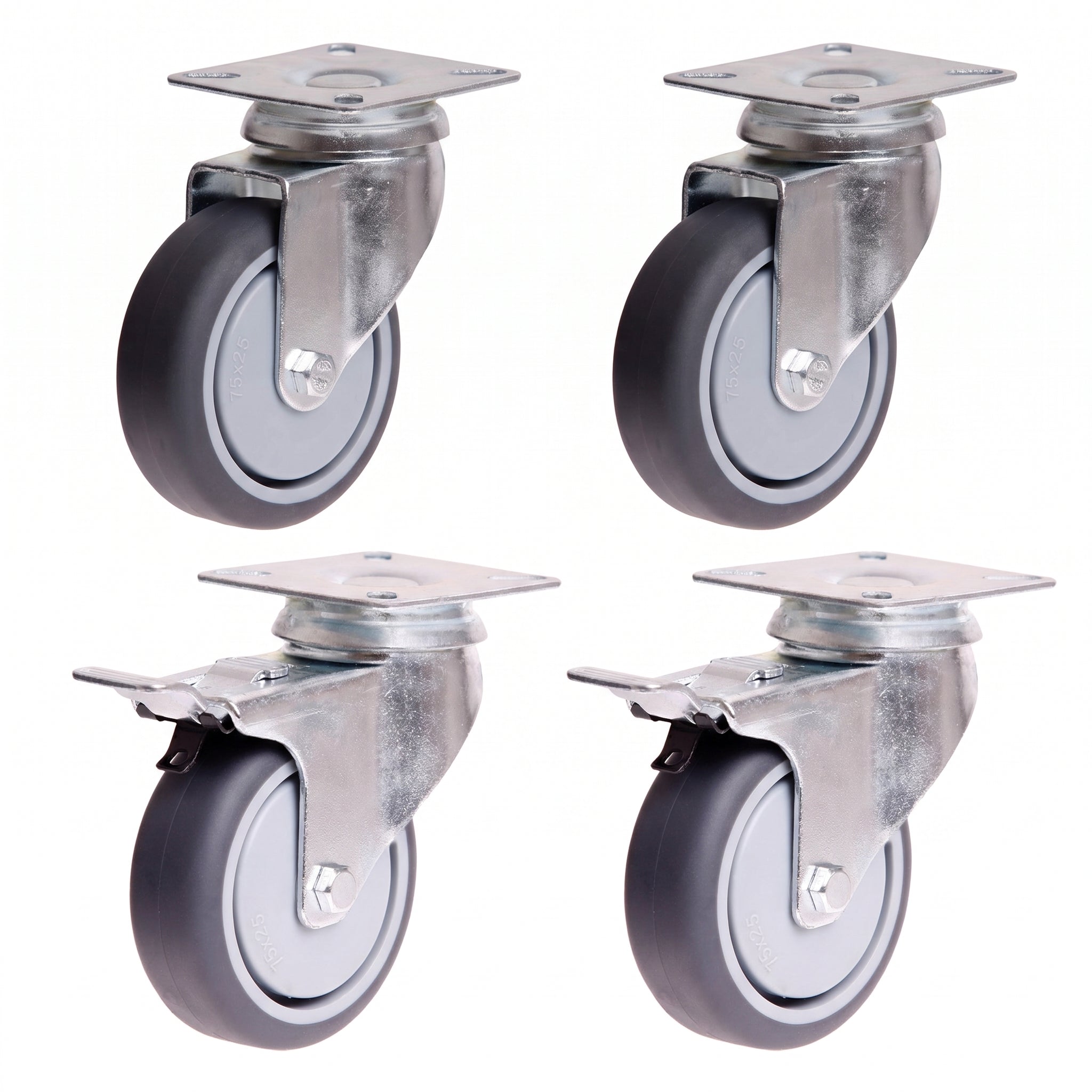 75mm Rubber Plate Castor Pack - 2 Swivel + 2 Braked (S3710/S3710B)