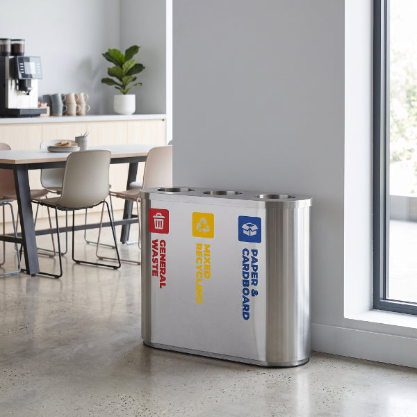 42L Stainless Steel Red, Yellow & Blue Triple Recycling Bin (WRS011)