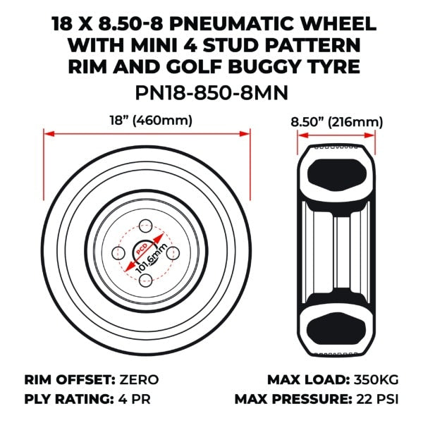 18 X 8.50-8 Pneumatic Wheel With Mini 4 Stud Pattern Rim And Golf Buggy Tyre (PN18-850-8MN) image 1