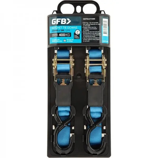 2 Pack GFB 25mm x 5M Ratchet Tie Down - 400kg Capacity image 0