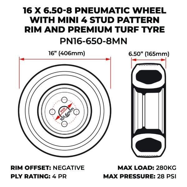 16 X 6.50-8 Pneumatic Wheel With Mini 4 Stud Pattern Rim And Premium Turf Tyre (PN16-650-8MN) image 1