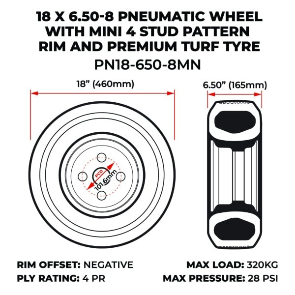 18 X 6.50-8 Pneumatic Wheel With Mini 4 Stud Pattern Rim And Premium Turf Tyre (PN18-650-8MN) image 1