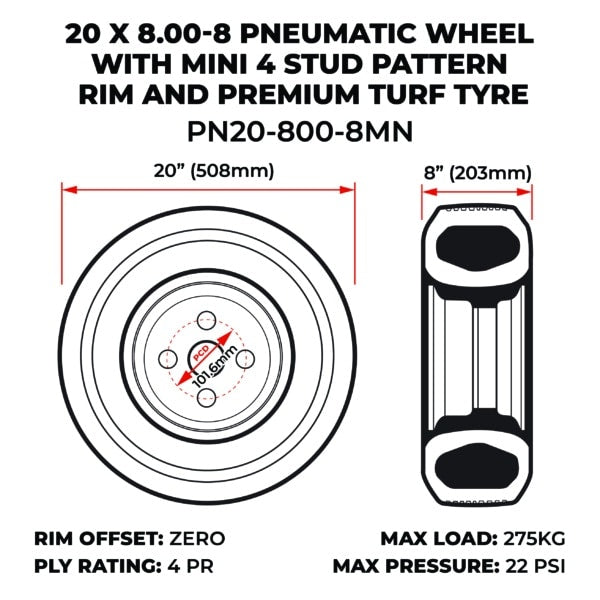 20 X 8.00-8 Pneumatic Wheel With Mini 4 Stud Pattern Rim And Premium Turf Tyre (PN20-800-8MN) image 1