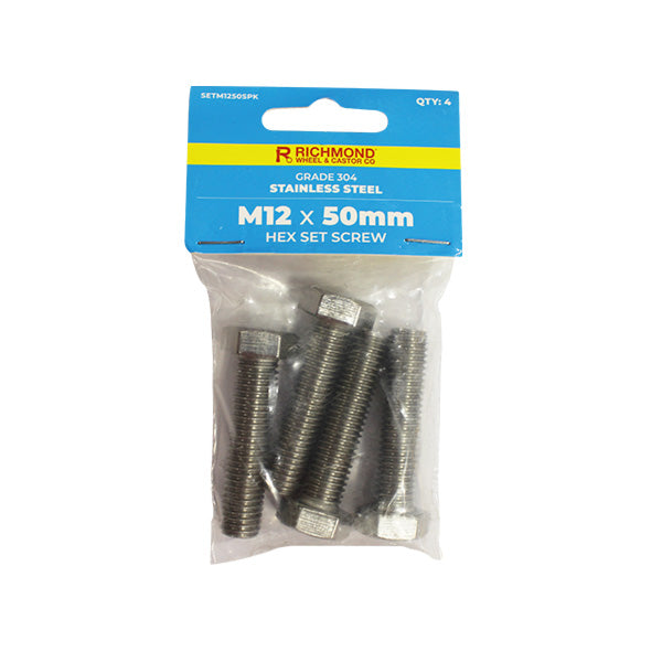M12 x 50mm Stainless Steel Hex Set Screw - 4 Pack (SETM1250SPK4) image 0