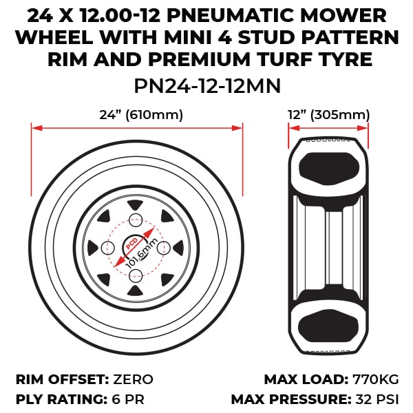 24 X 12.00-12 Pneumatic Mower Wheel With Mini 4 Stud Pattern Rim And Premium Turf Tyre (PN24-12-12MN) image 2