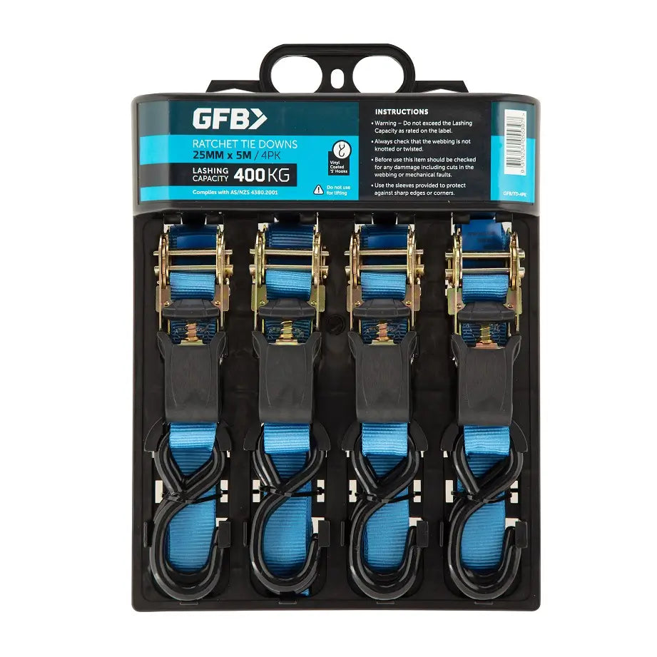 4 Pack GFB 25mm x 5M Ratchet Tie Down - 400kg Capacity image 0
