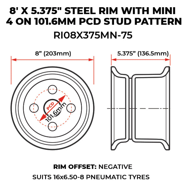8' X 5.375" Steel Rim With Mini 4 On 101.6mm PCD Stud Pattern (RI08X375MN-75) image 1